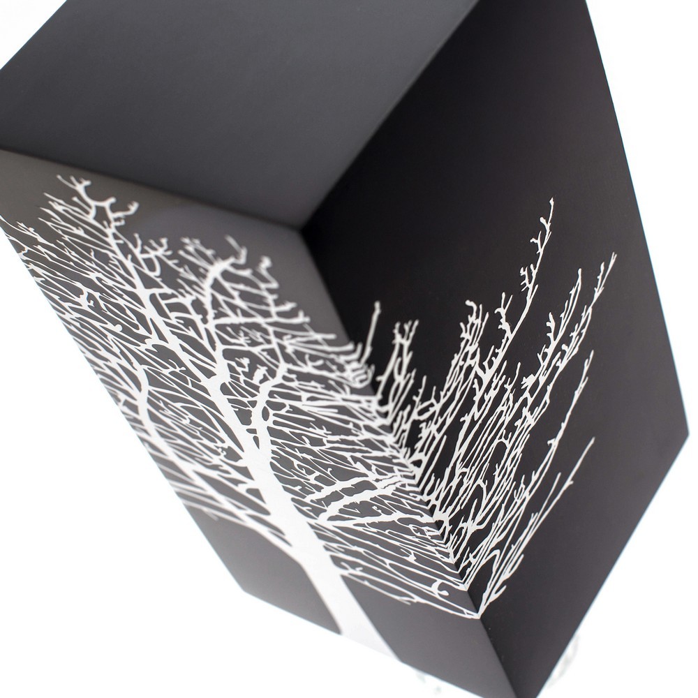 Graphite Tree Root cremation keepsake design on black card with white tree silhouette artwork.
