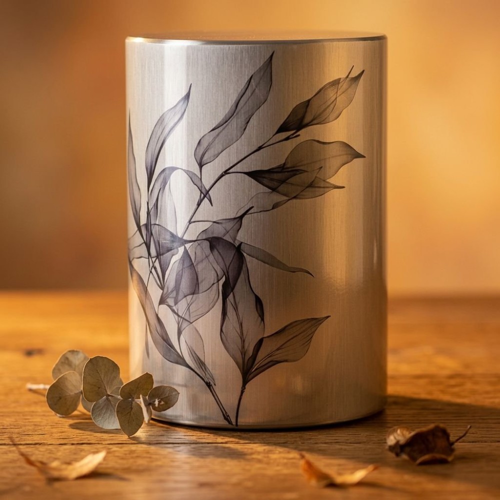 Autumn Leaves Cremation Urn: a brushed metal urn with a delicate black botanical design, set on a wooden surface with dried leav