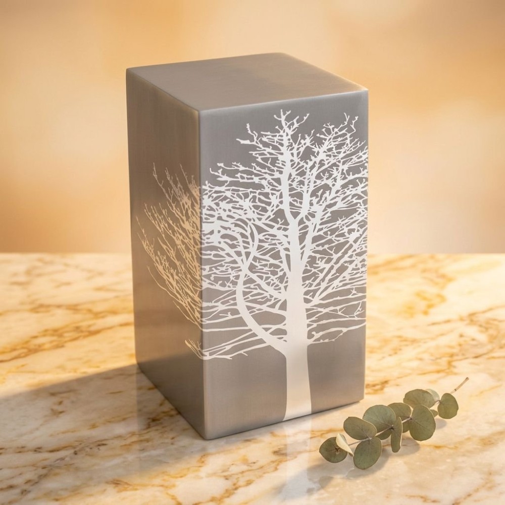 Cremation urn tree root design in a gray metallic box with white leafless tree illustration, on a marble surface.