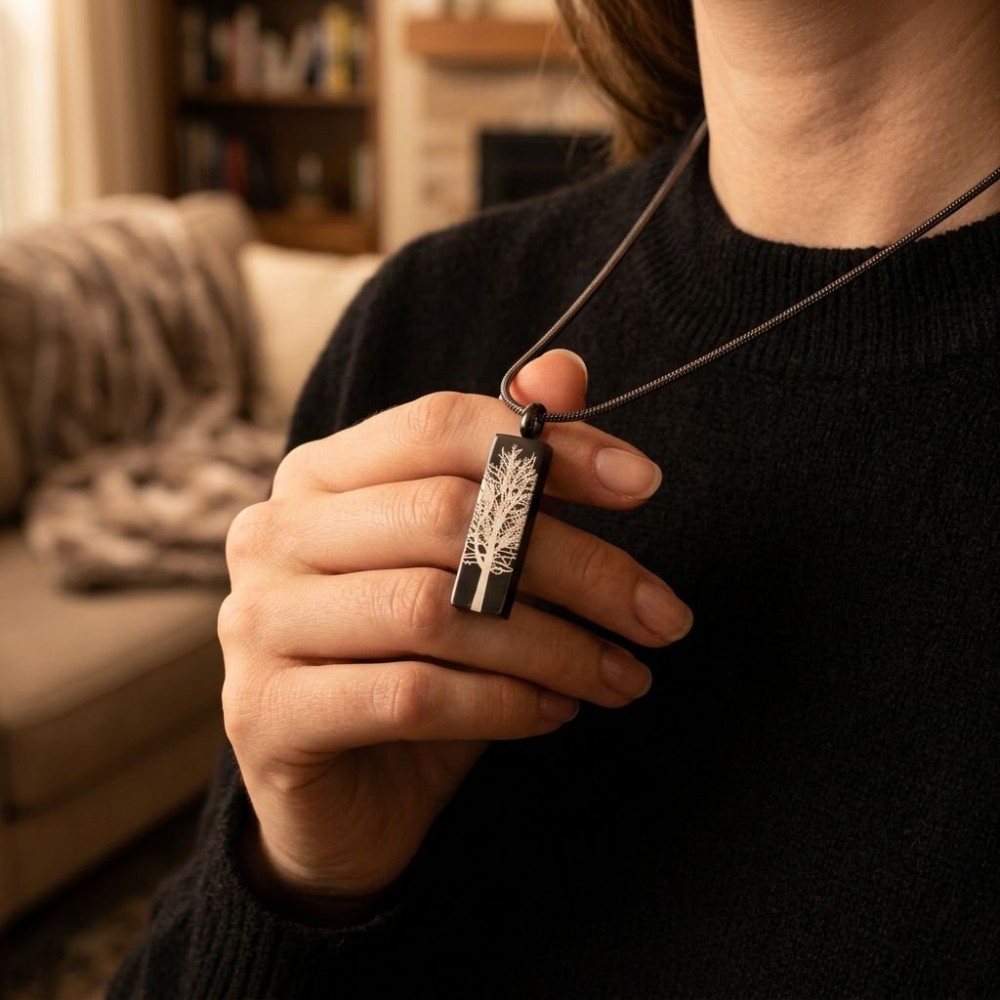 Cremation Jewell Tree Root Graphite Pendant necklace held against a black sweater, featuring a vertical rectangular pendant with