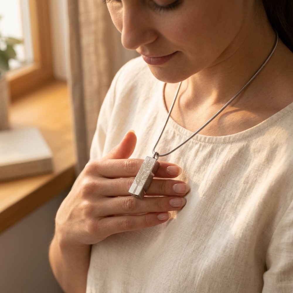 Cremation Jewell Tree Root Pendant on a silver chain, resting in a woman's hand near her chest.