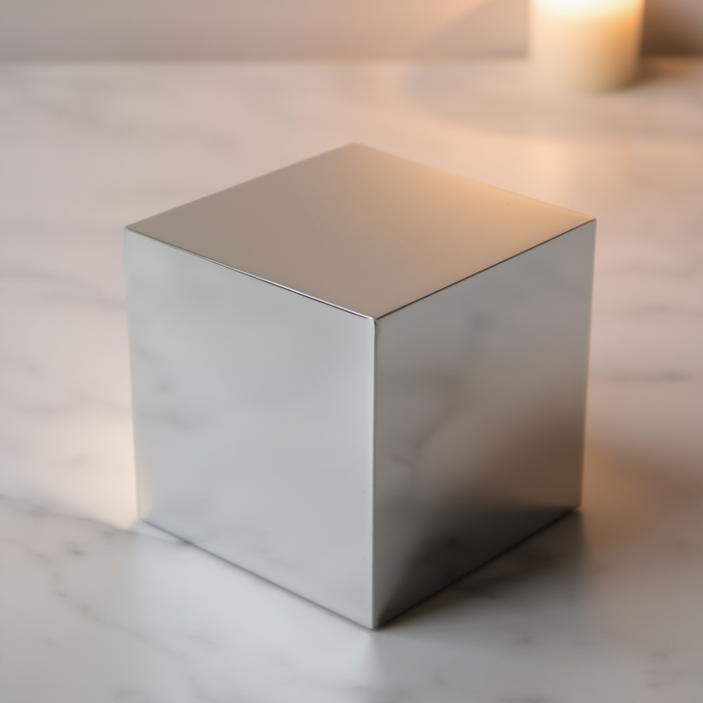 Polished metal cube memorial urn on a marble surface, soft candle glow in the background. Cremation Urn Mirror Cube | Etternal,