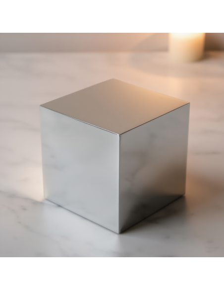 Polished metal cube memorial urn on a marble surface, soft candle glow in the background. Cremation Urn Mirror Cube | Etternal,