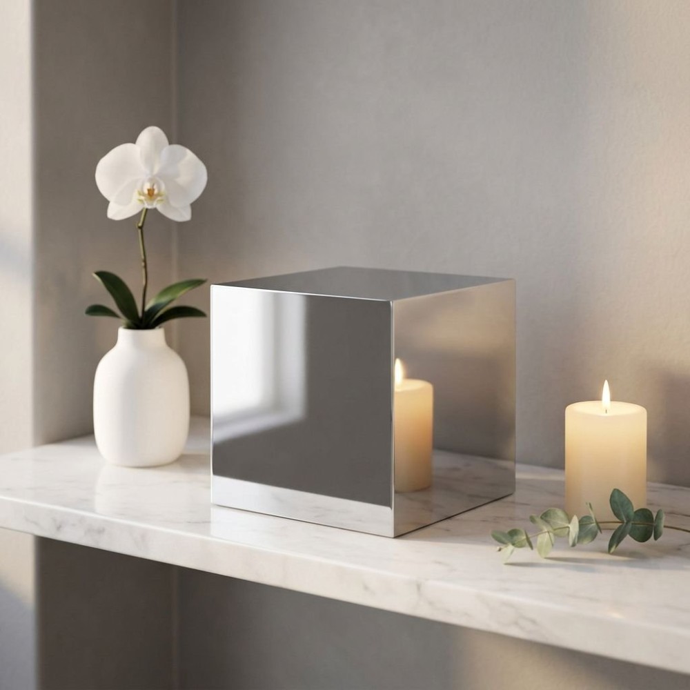 Cremation Urn Mirror Cube by Etternal on a marble shelf, reflecting candles and a white orchid in a minimalist, calm display.