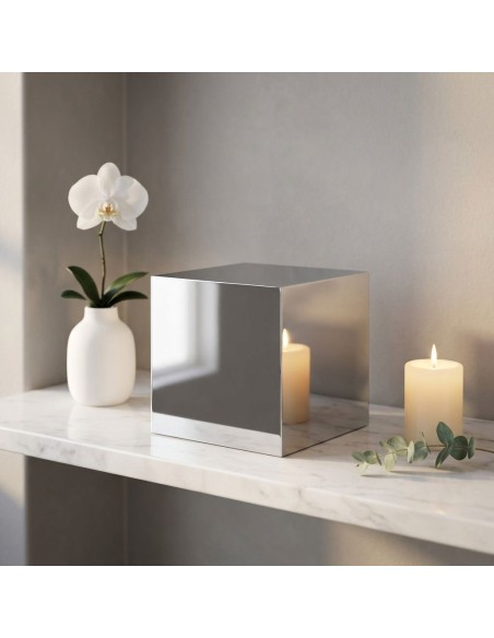 Cremation Urn Mirror Cube by Etternal on a marble shelf, reflecting candles and a white orchid in a minimalist, calm display.