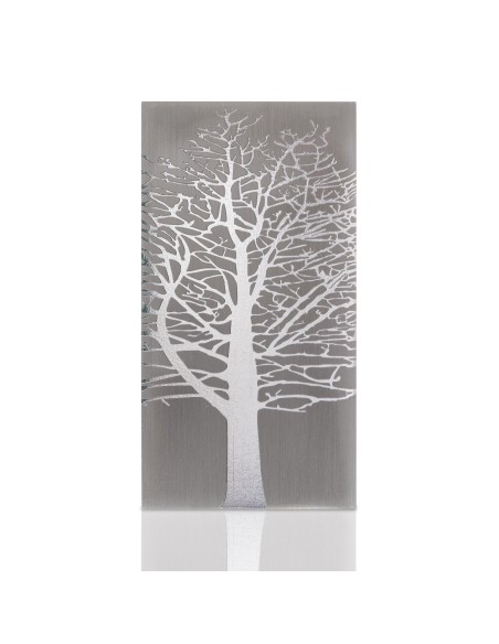 Cremation urn panel in brushed metal with a white leafless tree silhouette design, representing a tree root motif.