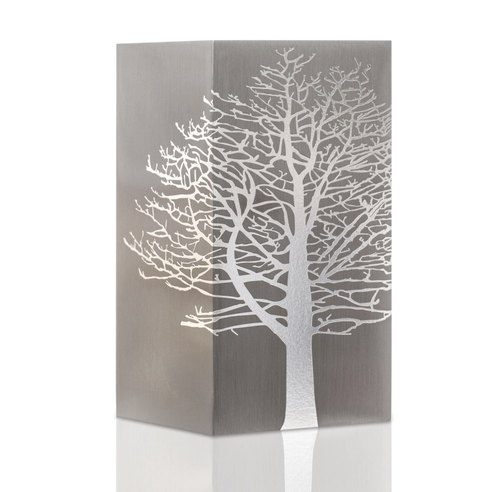 Cremation Urn Tree Root design with a silver-toned tree silhouette on a tall, rectangular urn.