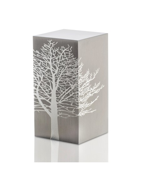Cremation Urn Tree Root design by Etternal Arte Funerario in brushed silver with a white tree silhouette on the side.