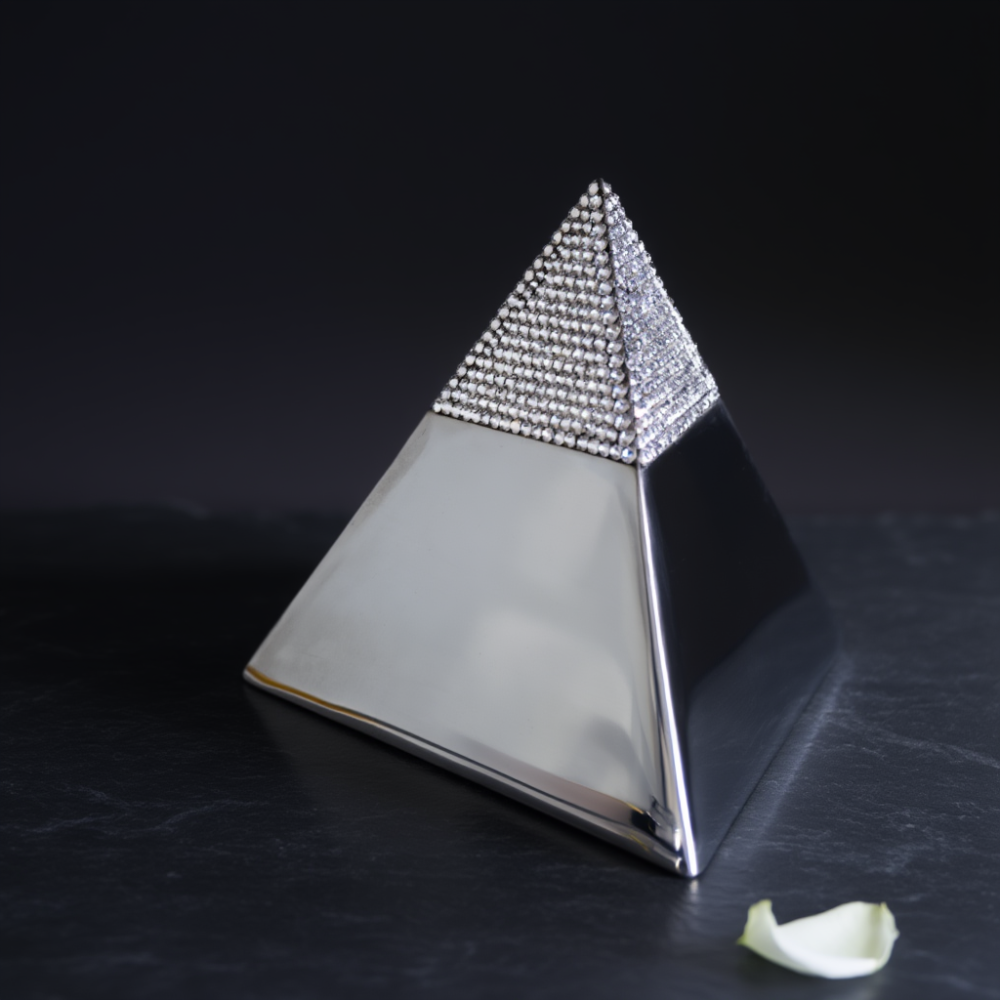 Crystal Pyramid Keepsake with Swarovski-studded apex, metallic silver base, on a dark surface; a white petal lies nearby.